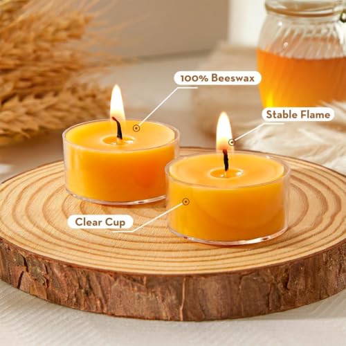 Ashlux 100 Pack Beeswax Tea Lights Candles Unscented 4H Burn Natural