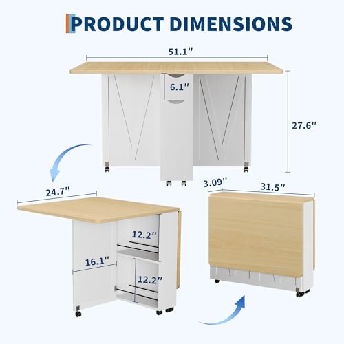Folding Dining Table with Storage, Compact Kitchen Table on Wheels
