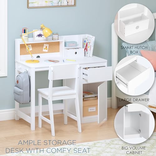 Wooden Kids Desk and Chair Set with Hutch, Storage, and Bulletin Board