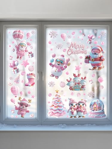 Qc3048 Pink Christmas Window Clings - 9 Sheets Holiday Decor for Glass Windows