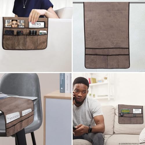 Faux Leather Sofa Armrest Organizer with 6 Pockets for Remote Control