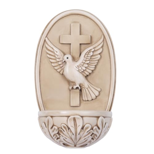 Catholic Holy Water Font for Wall - Resin Cross and Dove Blessing Bowl, 6.8 In