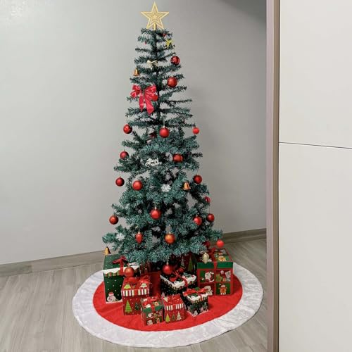 Red and White Christmas Tree Skirt 48 Inch Faux Fur Xmas Decoration - APAEAT