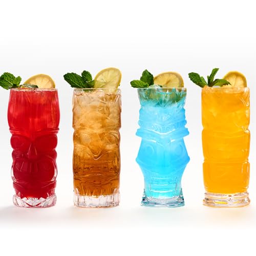 Set of 4 Clear Tiki Glasses, 16 Oz Tropical Cocktail Tumblers for Barware