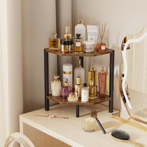 2-Tier Industrial Corner Shelf, Rustic Wood & Metal Standing Organizer