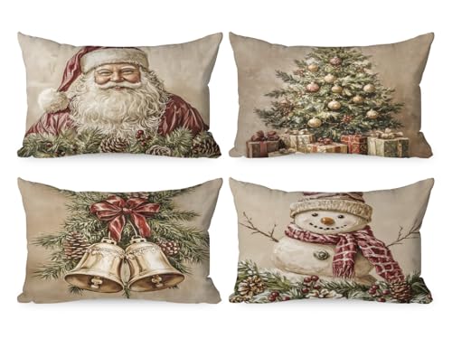 Lanpn 12x20 Christmas Throw Pillow Covers Set of 4, Santa Tree