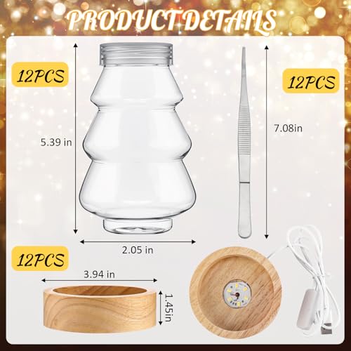 Irenare 12-Pack Christmas Snow Globe DIY Kit with LED Light Wooden Base - Tree Shaped Globe Jar for Crafts