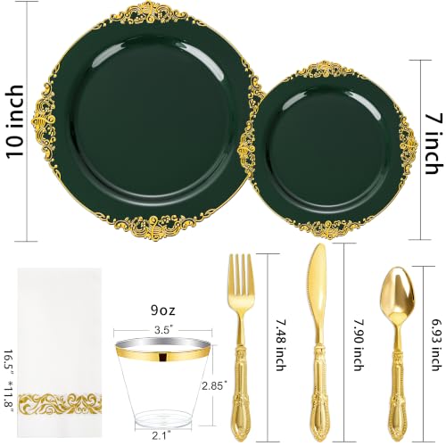 Morejoy Green Gold 175PCS Plastic Dinnerware Set - 25 Plates, 25 Dessert Plates, 25 Cups & 25 Utensils (Green & Gold)
