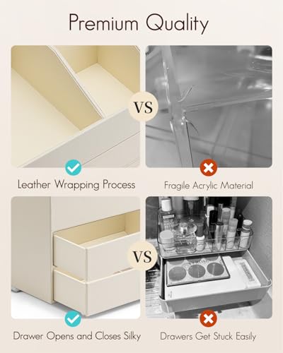 VLANDO Beige 3-Layer Makeup Organizer with 2 Large Drawers & Removable Lipstick Holder