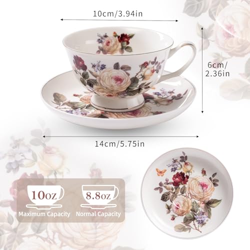 Alarrar White Camellia 10 OZ Bone Porcelain Tea Cup & Saucer Set for Coffee & Tea