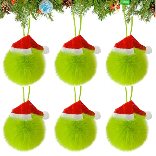 Lime Green Furry Christmas Balls Ornaments with Santa Hat - 6 Pack (Chewarelly) Lime Green Santa Hat – 6