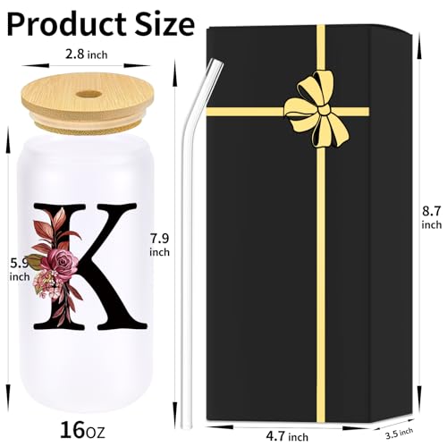 Personalized Monogrammed 16oz Glass Drinking Cup with Lid & Straw - Letter K Gift
