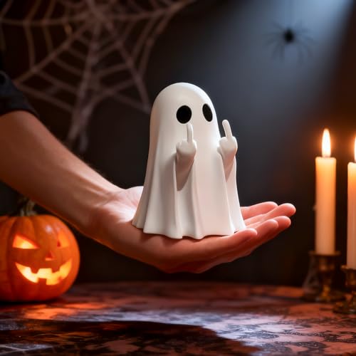 Ceramic Halloween Ghost Figurine with Bat Balloon Cute Spooky Home Decor