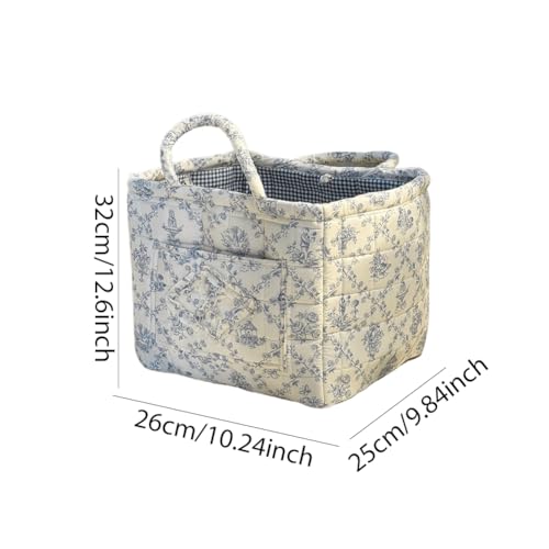 Floral Quilted Fabric Storage Basket with Handles, Foldable Laundry Organizer