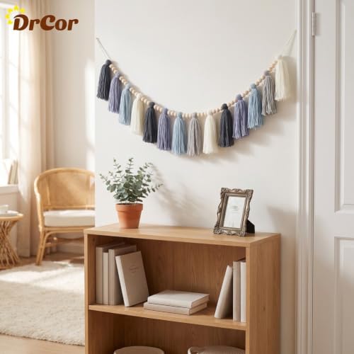 Dusty Blue Tassel Garland with Wood Beads - 35-Inch Boho Wall Decor