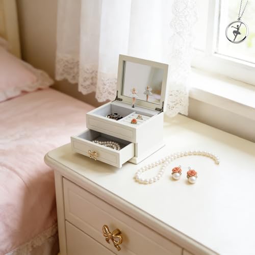 Wooden Musical Jewelry Box with Ballerina, Mirror and Drawer, 9.6-inch