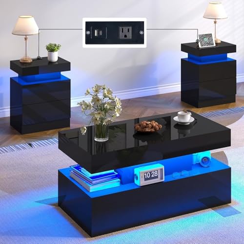 3-Piece Modern Coffee Table Set with LED Lights, Storage, and Charging