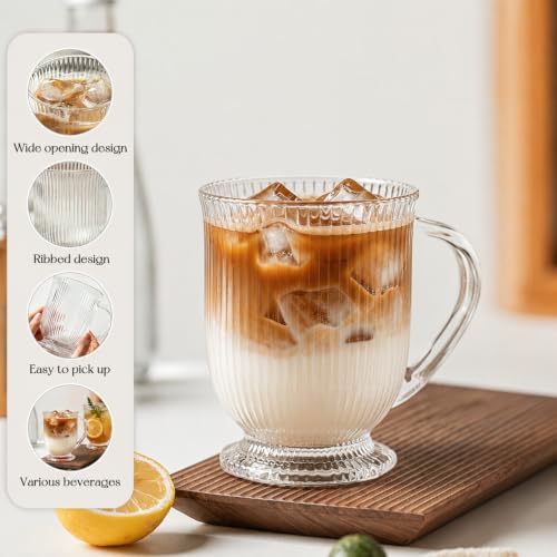 KEMORELA 16oz Ribbed Glass Coffee Mugs Set - Large Handle, No Spoons, 4 Pack