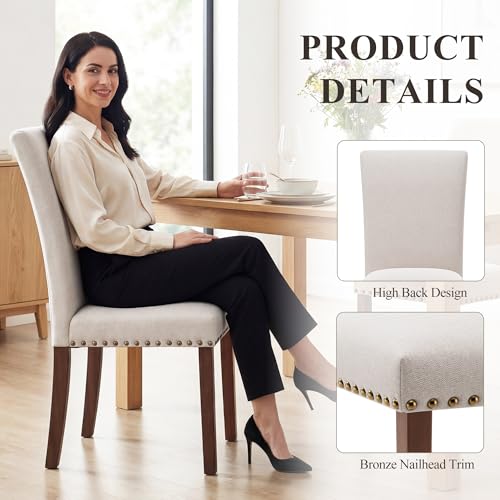Upholstered Dining Chairs Set of 4, Beige Linen Parsons Chairs with Nailhead