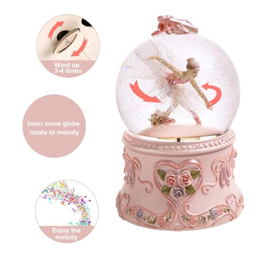 Ballerina Snow Globe Music Box with LED Lights and Rotating Dancer