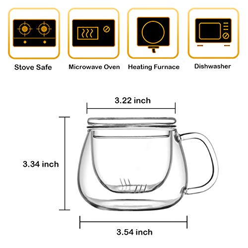 13oz Clear Glass Tea Infuser Cup with Filter Basket & Lid - Leakproof & Heat-Resistant