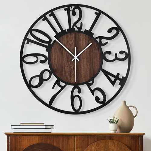 13-Inch Silent Round Wall Clock, Modern Black Metal and Wood Farmhouse Decor