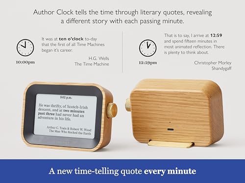 Literary Quote Desk Clock with E-Ink Display, Small Oak Wood Edition