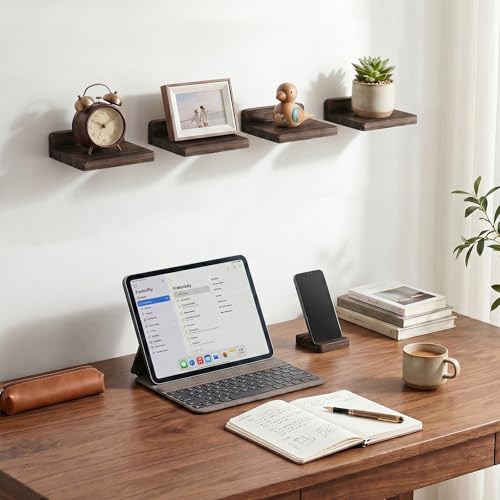 Small Floating Wall Shelves Set of 4 - Dark Carbonized Rustic Wood