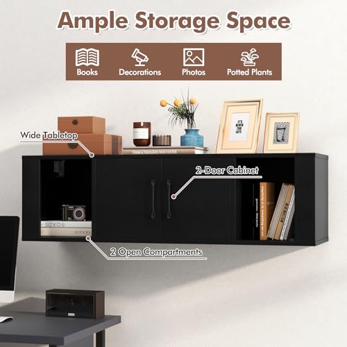 Wall Mounted Storage Cabinet, 4-Compartment Floating Media Console in Black