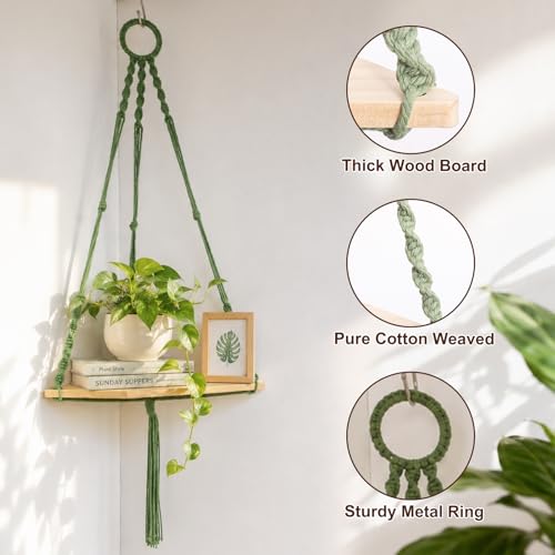 Macrame Corner Wall Shelf, Adjustable Boho Wood Floating Shelf for Plants