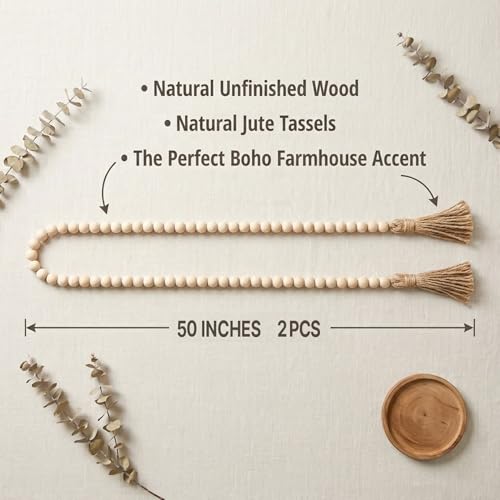 2 Pack Wood Bead Garland with Tassels, 50-Inch Rustic Farmhouse Boho Decor