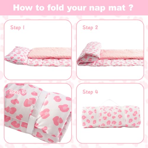 Portable Toddler Nap Mat with Minky Fleece Blanket and Pillow for Daycare
