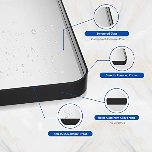 20x30 Inch Matte Black Bathroom Vanity Mirror, Rounded Rectangle Wall Mirror