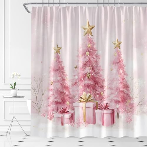 Pink Christmas Shower Curtain 70x70 Inches Cute Xmas Tree Snowflake Holiday Decor