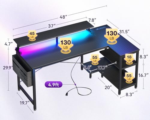 48-Inch L-Shaped Gaming Desk with LED Lights, Power Outlets & Storage