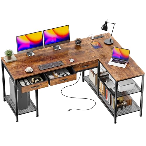 55-Inch L-Shaped Computer Desk with Power Outlets, USB Port & 3 Storage Drawers