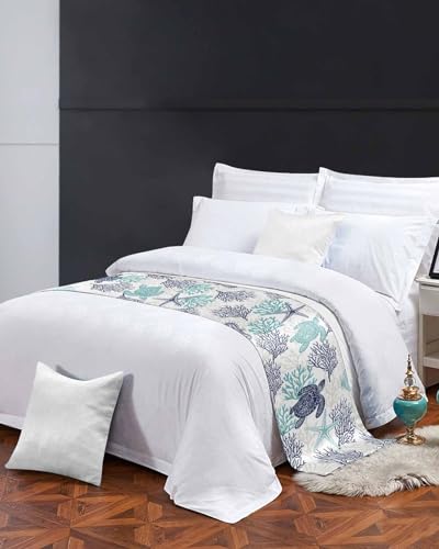 Coastal Sea Turtle Bed Runner for Full/Queen Bed - 83x20 Satin Bed Scarf