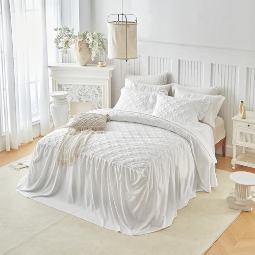 UOZZI BEDDING Queen Ruffle Skirt Bedspread Set - 30" Drop White Quilt