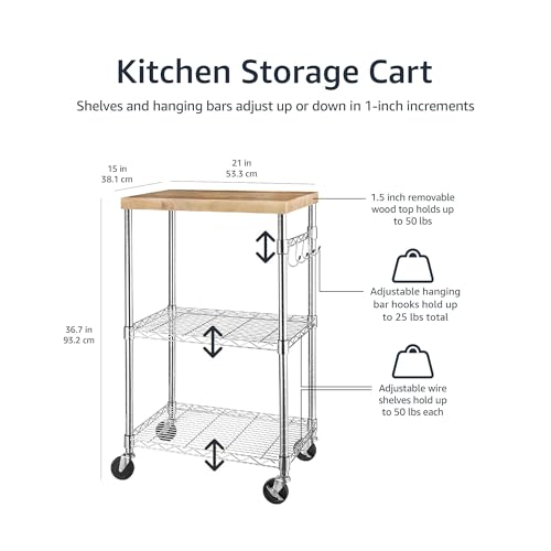 3-Tier Rolling Kitchen Storage Cart with Wood Top & Adjustable Shelves