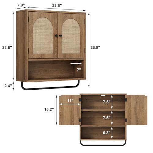 Boho Rattan Wall Cabinet with Arched Doors and Towel Bar, Rustic Oak