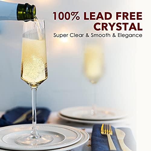 Set of 6 Hand Blown Crystal Champagne Flutes - 8oz Elegant Stemware Gift