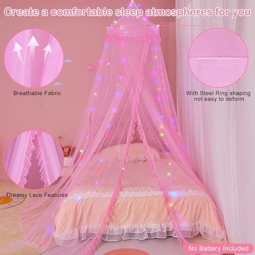 Pink Bed Canopy for Girls Room Decor with LED Lights & Remote Timer