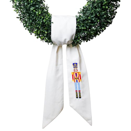 Christmas Nutcracker Embroidered Linen Wreath Sash for Front Door Decor