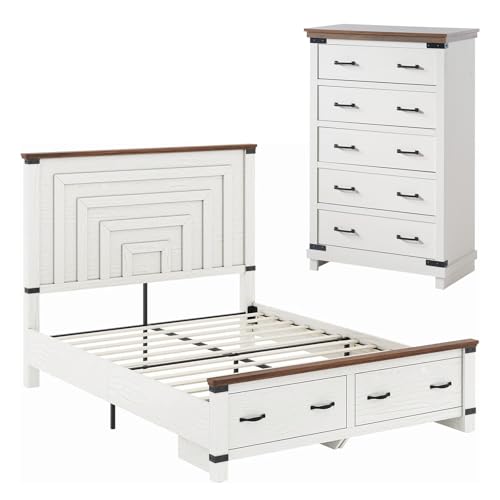2-Piece Rustic Farmhouse Queen Bed Frame and 5-Drawer Dresser Set