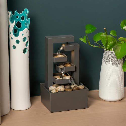 3-Tier Desktop Waterfall Fountain with LED Lights and Natural River Stones