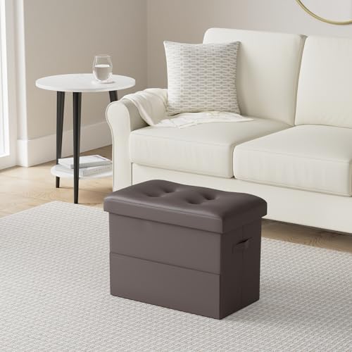 Foldable Faux Leather Storage Ottoman Foot Rest, Brown - 17x13x13in