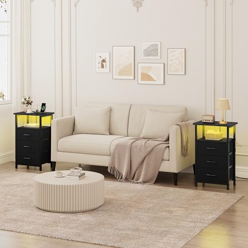 Set of 2 LED Nightstands with Charging Station, 3-Drawer Bedside Side Table