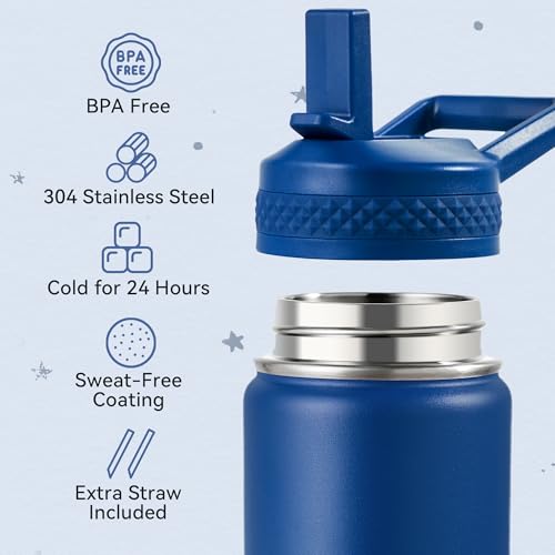 Insulated Stainless Steel Kids Water Bottle with Straw 12 oz Navy Blue
