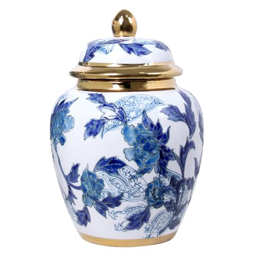 Andaliz 11-Inch Blue and White Ginger Jar Vase with Gold Trim - Decorative Porcelain