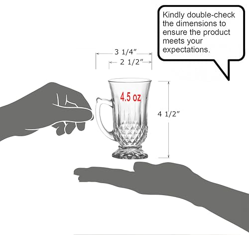 6-Pack Clear Turkish Glass Tea Cups 4.5 Oz Footed Handle Set